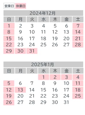 営業日カレンダー：12月・1月