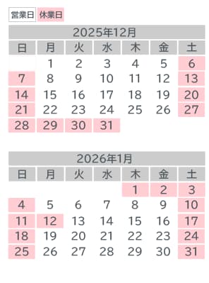 営業日カレンダー：12月・1月